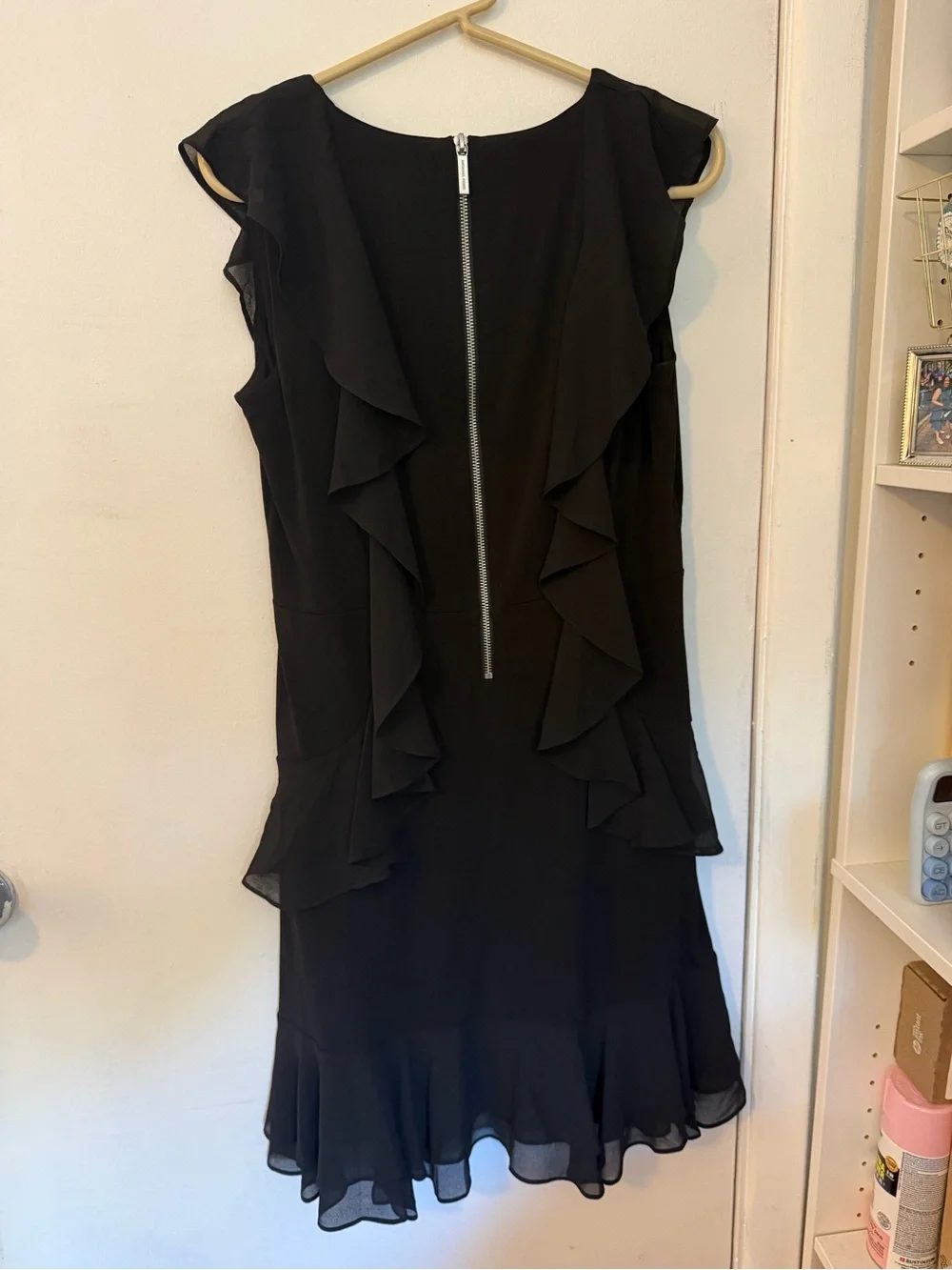 Michael Kors Black Ruffle V-Neck Midi Dress with Flutter Sleeves